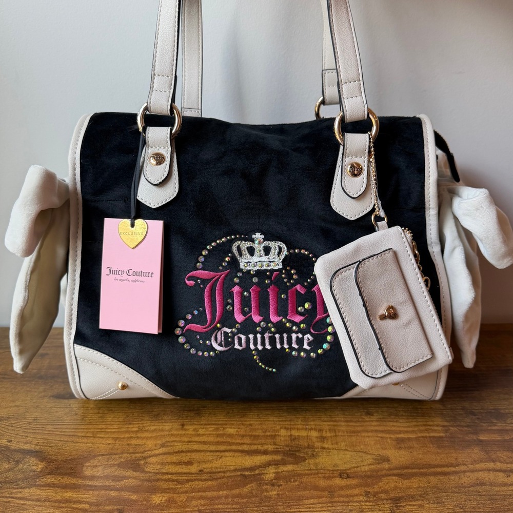 New Juicy Couture Dreamy Black White Tote Shoulder Handbag Y2K Bows Cute Pink